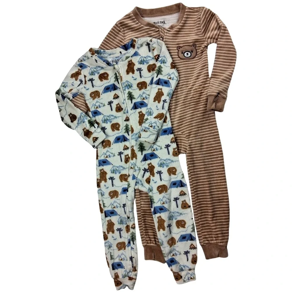 Mick Mack Ltd Baby Boy 24 Mos Velour Bear Sleeper Outfit Lot Open Feet Brown 2pc